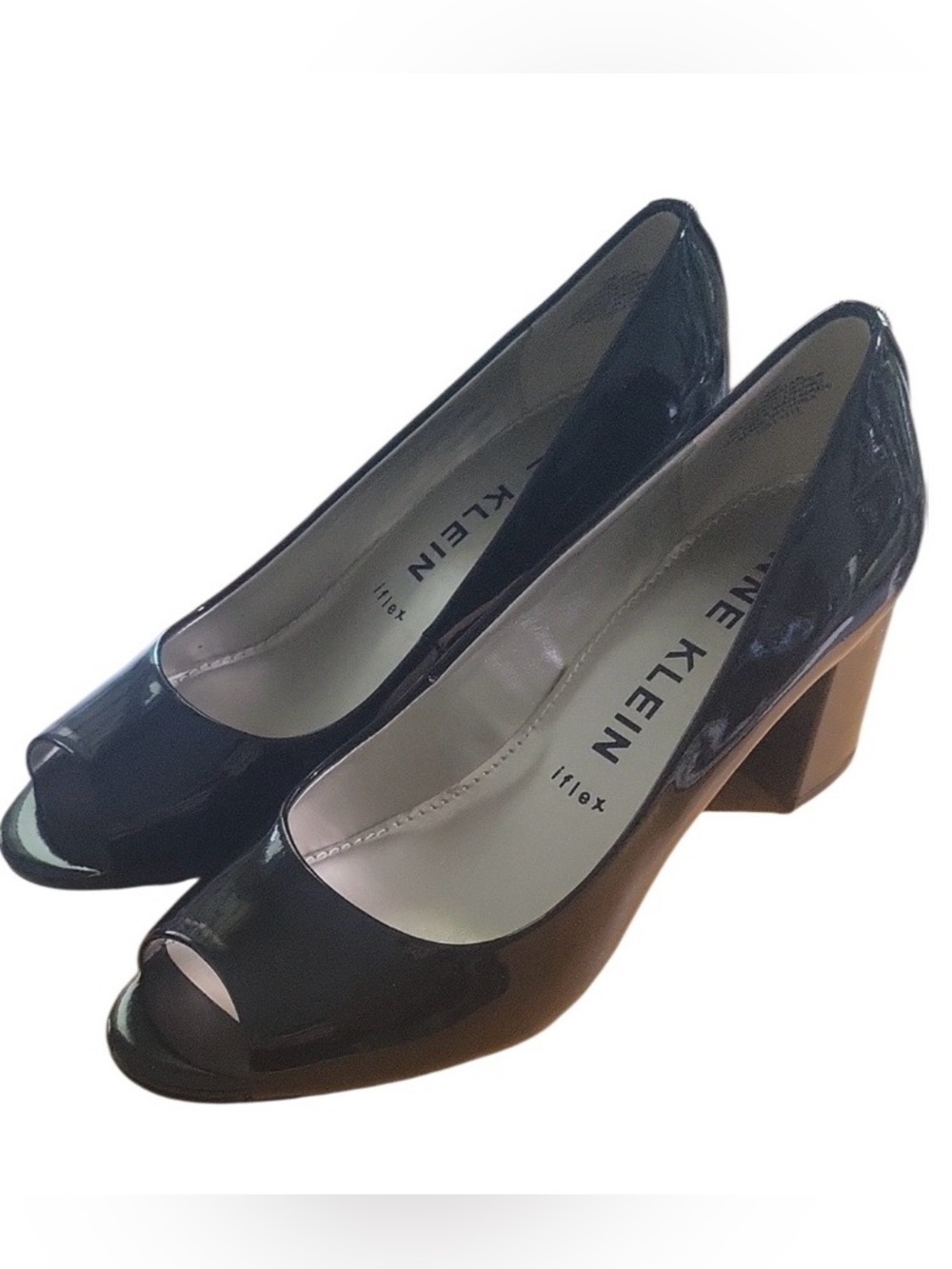 Anne Klein Black Patent Peep-Toe Block Heel Pumps